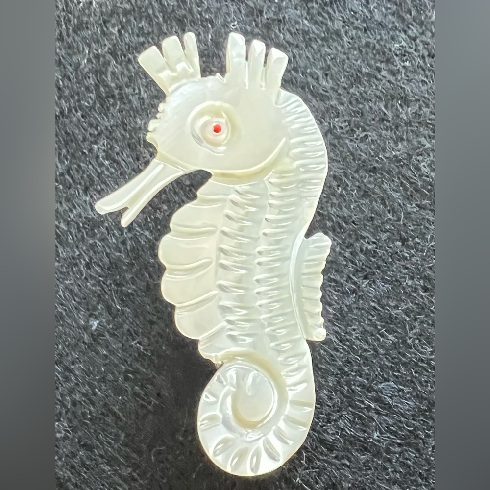 Vintage Mother of Pearl Sea Horse Lapel Pin Brooch Red Dot Eye Made in Taiwan